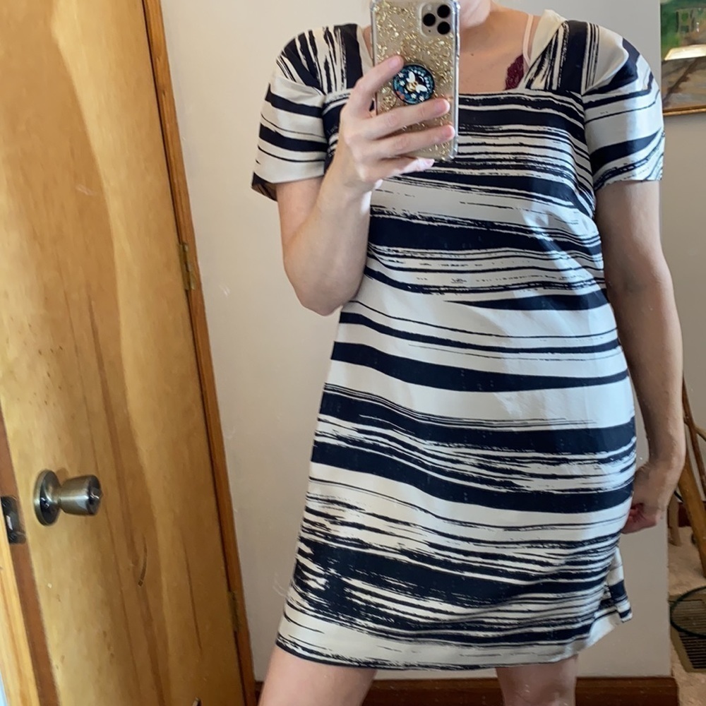 Banana Republic Black and Cream Silk Striped Abstract Cap Sleeve Dress